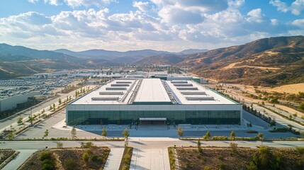 This state-of-the-art semiconductor production facility features advanced technology and eco-friendly design elements, surrounded by scenic mountains and open spaces
