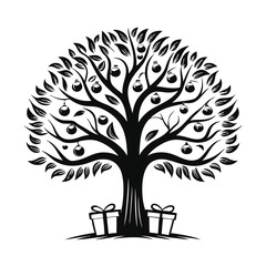 Ornate Black Tree with Decorative Ornaments & Gift Boxes, Isolated on White