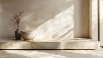 Beige Stone Bowl and Vase with Dried Flowers Minimalist Interior Decor