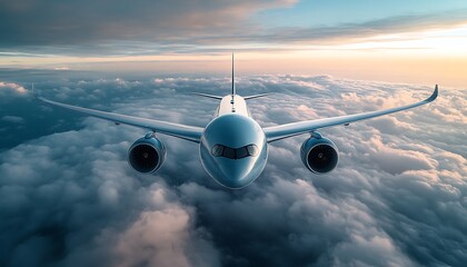 Airplane soaring above a dramatic sunset cloud layer