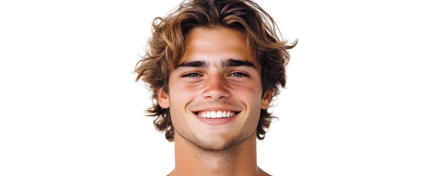 Portrait of a happy, handsome young man with wavy hair, smiling against a transparent background with a white border. PNG file..png 
