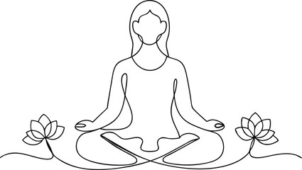  Continuous single line drawing of a woman meditating in lotus pose with closed eyes surrounded by delicate floral elements in a minimalist style