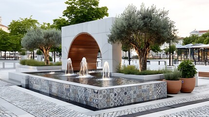 Fototapeta premium Modern Urban Square Fountain with Archway Olive Trees and Patterned Tiles