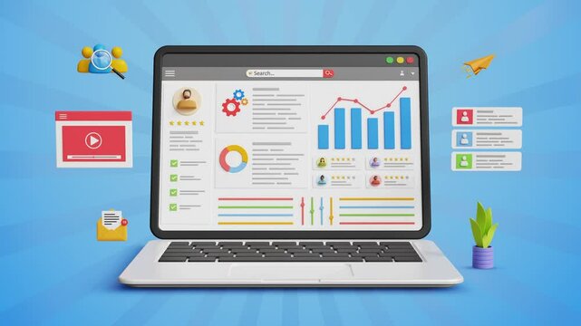 Market research, business data analysis, data management system, SEO analytics concept. KPI, CRM, finance, sales and marketing statistic dashboard on laptop screen. 4K 3D animation - Powered by Adobe