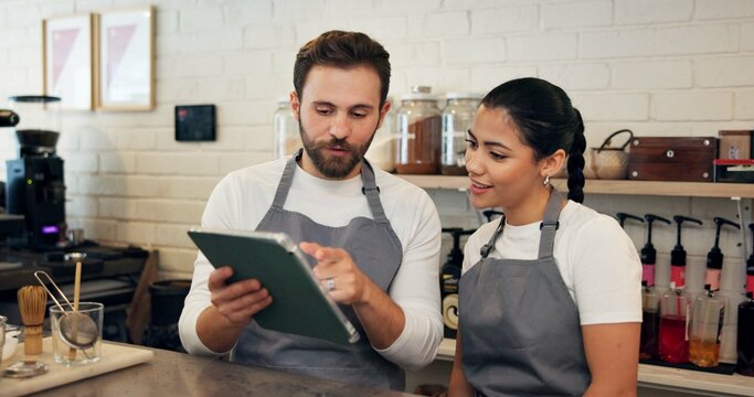 Man, waitress and meeting on tablet at cafe of menu update, online orders and inventory management. People, digital and website reviews, stock information and checklist advice of hospitality industry