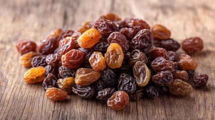 Mixed dried raisins pile on wooden background