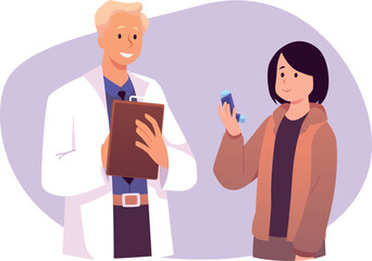 Obraz premium Doctor prescribes inhaler for patient, Asthma, Allergy disease medicine consultation for treatment vector illustration