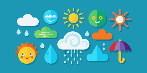 Fototapeta premium Weather icons vector set showing sunny, cloudy, rainy, snowy, foggy, windy, and stormy conditions.