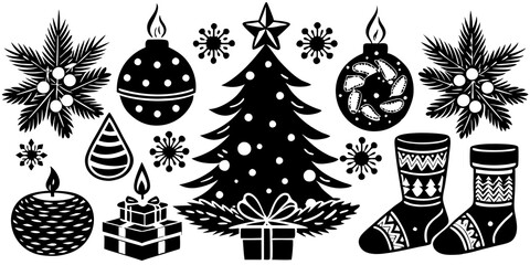 Fototapeta premium Holiday decorations vector set with tree, wreath, stockings, candles, and ornaments.