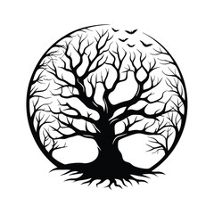Silhouette Circle of Spooky Tree with Bats Flying, Isolated on White Background