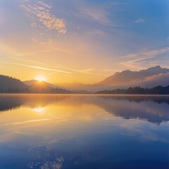 Fototapeta premium Sunrise over calm lake reflecting mountains