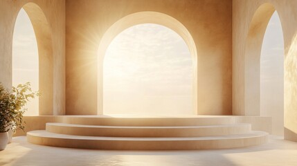 Beige Minimalist Room with Archways and Sunrise View