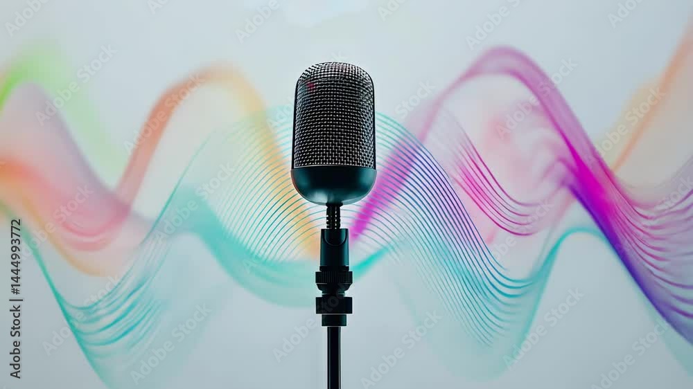 Poster sound waves emanating from retro microphone, highlighting audio recording, musical performance, and 