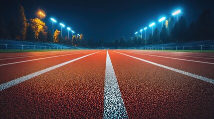 Illuminated athletic running track at night beckons toward a distant finish line