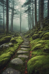 ancient stone path winding through mistfree h