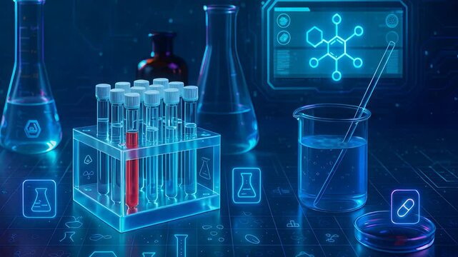 Futuristic Laboratory with Glowing Test Tubes, Chemical Structures, and Digital Interface Representing Biotech Research Scene

