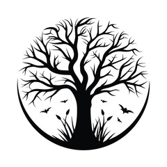 Obraz premium Spooky Silhouette Bare Tree Branches, Silhouetted Bats, Grass, Against White Circle