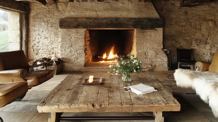 Rustic farmhouse living room with fireplace.  Rustic, cozy, and inviting space featuring a stone fireplace with a warm fire, wooden beams, and a large wooden coffee table