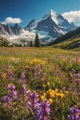 Obraz premium A breathtaking view of a mountain landscape featuring a majestic snow-capped peak surrounded by lush green meadows filled with vibrant wildflowers in purple and yellow hues under a clear blue sky.