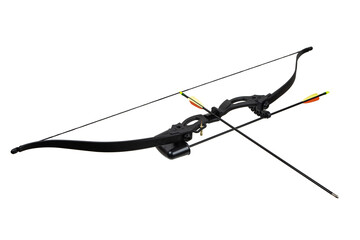 Modern black recurve bow with two hunting arrows and string tension