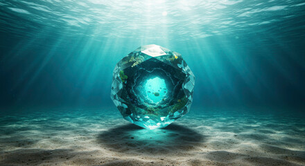 Fototapeta premium Crystal orb submerged underwater, illuminated by rays of light in a serene aquatic environment 