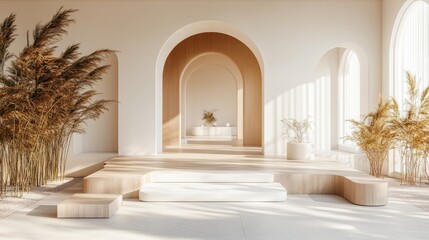 Naklejka premium Serene Minimalist Interior with Archways and Bamboo Plants