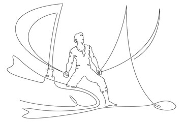 Continuous one line drawing a man stands on the deck of a yacht. A man controls a sail. A sailing vessel. Yachting.One continuous line isolated minimal illustration.Not AI.