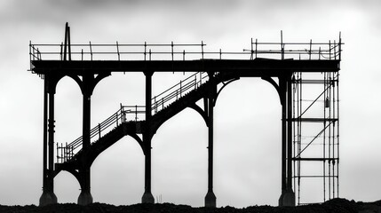 An architectural silhouette shows stairs and elevated construction detail