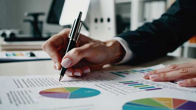 Businesswoman wearing a suit sitting at an office desk reviewing financial reports, charts, and diagrams, using a pen to point at specific data points and make annotations