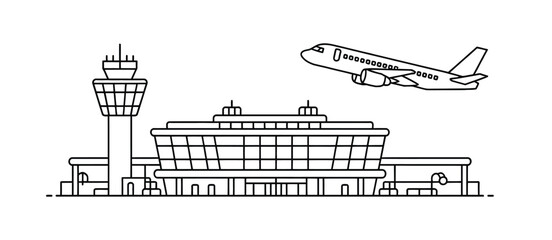 Airplane Landing at Airport with Control Tower Illustration