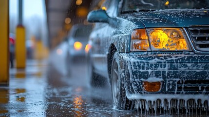 Car undergoing a thorough wash at an automated car wash facility.  Suds cover the vehicle