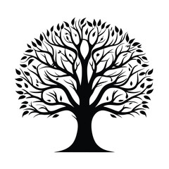 Tree Silhouette with Leaves & Branches Abstract, Circular Shape, Nature Concept