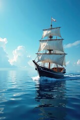 Anchor ship sailing through calm sea with blue and white stripes , sail, white, ship
