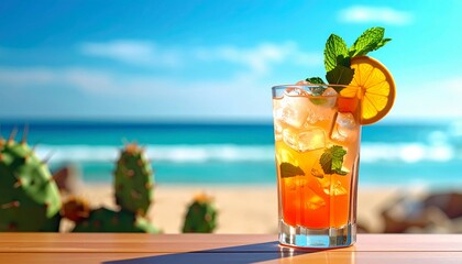 Obraz premium refreshing tropical cocktail in a clear glass with ice cubes
