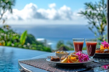 Healthy Meal with Juice, Fruit, and Cake Plates Served Overlooking Ocean Scenery