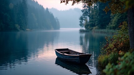 Serene lake rowboat at misty dawn