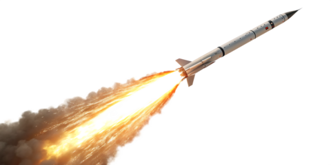 missile rocket with fire trail isolated on white background