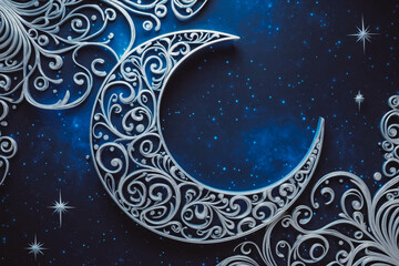 Fototapeta premium A beautifully intricate crescent moon design with ornate swirls and patterns, set against a deep blue starry background. The moon is highlighted with silver tones, enhancing its elegance.