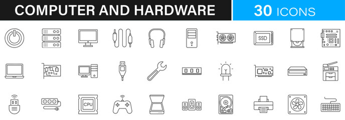 Computer and gardware icon pack | Detailed Outline | Editable Stoke 60 icon | Victor illustrator.