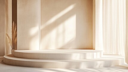 Fototapeta premium Beige Circular Podium with Sunlight Shadows