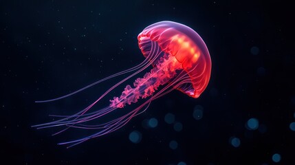 Fototapeta premium A Glowing Red Jellyfish Swimming In The Dark Ocean Water