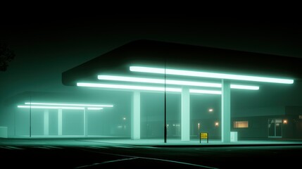 A nighttime scene featuring a gas station in an ethereal environment