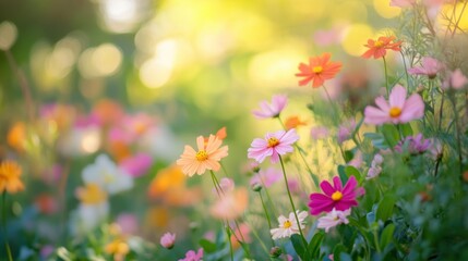 Fototapeta premium Beautiful colorful flowers growing in a bright and sunny garden