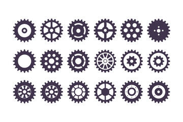 Gear Icon Vector Collection. Black Cogwheels, Mechanical Engineering Symbols, Industrial Sprocket Shapes, Machinery Parts, Abstract Gearwheel and Cog Graphics Set
