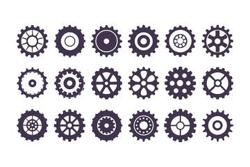 Gear Icon Vector Collection. Black Cogwheels, Mechanical Engineering Symbols, Industrial Sprocket Shapes, Machinery Parts, Abstract Gearwheel and Cog Graphics Set