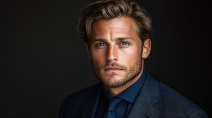 Fototapeta premium A distinguished man with tousled hair and piercing blue eyes captures attention with his intense gaze and refined style