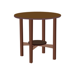 Modern round wooden table with lower shelf on white background