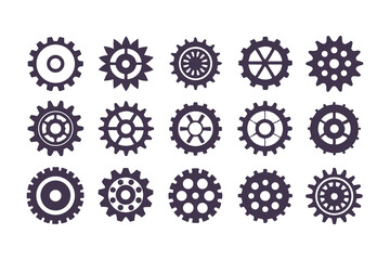 Gear Icon Vector Collection. Black Cogwheels, Mechanical Engineering Symbols, Industrial Sprocket Shapes, Machinery Parts, Abstract Gearwheel and Cog Graphics Set