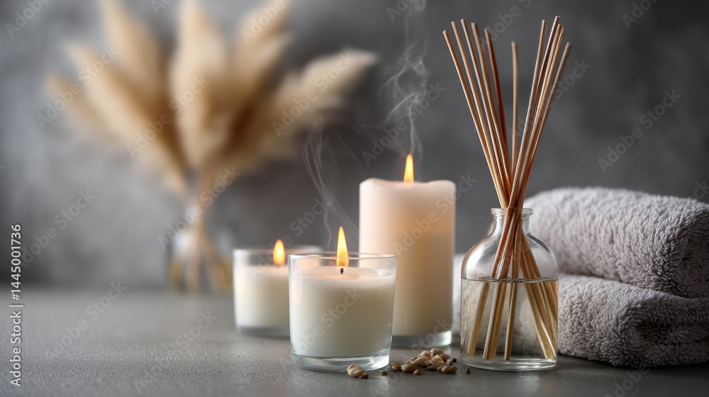 Poster soft candlelight flickers alongside fragrant reeds, casting a warm glow in a tranquil setting. the a