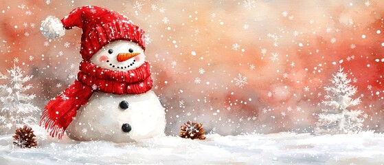 Cheerful snowman in red hat and scarf amidst snowfall, pine cones, and snowy trees. Winter wonderland scene